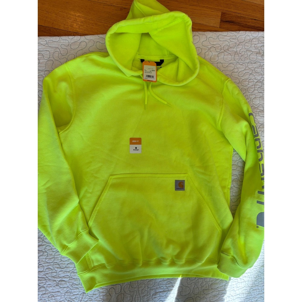 Carhartt Mens Loose Fit Midweight Logo Sleeve Hoodie Neon Yellow Size Medium